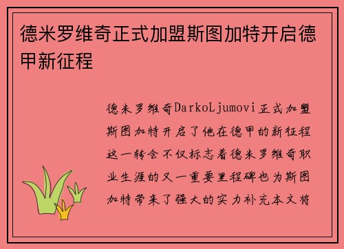 德米罗维奇正式加盟斯图加特开启德甲新征程 德米罗维奇正式加盟斯图加特开启德甲新征程